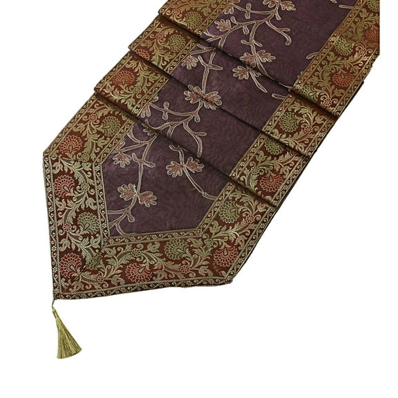 Stylo Culture Coffee Table Runner Elegant Long 72 Inch Coffee Purple Bohemian Brocade Jacquard Bordered 6 ft Decorative Placemat Zari Embroidered Tassels 14 Inches Wide Wedding Reception Party Decor