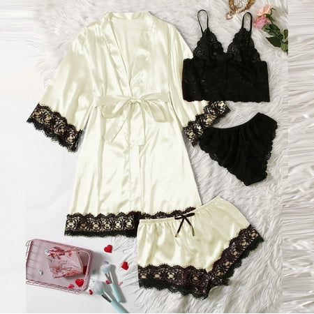 

ZZWXWB Robes For Women Women Plus Size Lingerie Silk Robe Satin Bathrobe Four-Piece Set Sleepwear Pajamas Beige Xl ac183