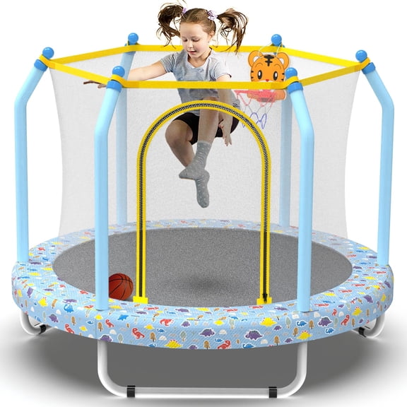 HappyToysWorld 55-Inch Toddler Trampoline with Hoop & Safety Net, Indoor Outdoor Kids Jumping Trampoline for Ages 1-8, Ultimate Birthday Gift