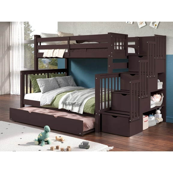 Bedz King Stairway Bunk Beds Twin over Full with 4 Drawers in the Steps and a Full Trundle, Dark Cherry