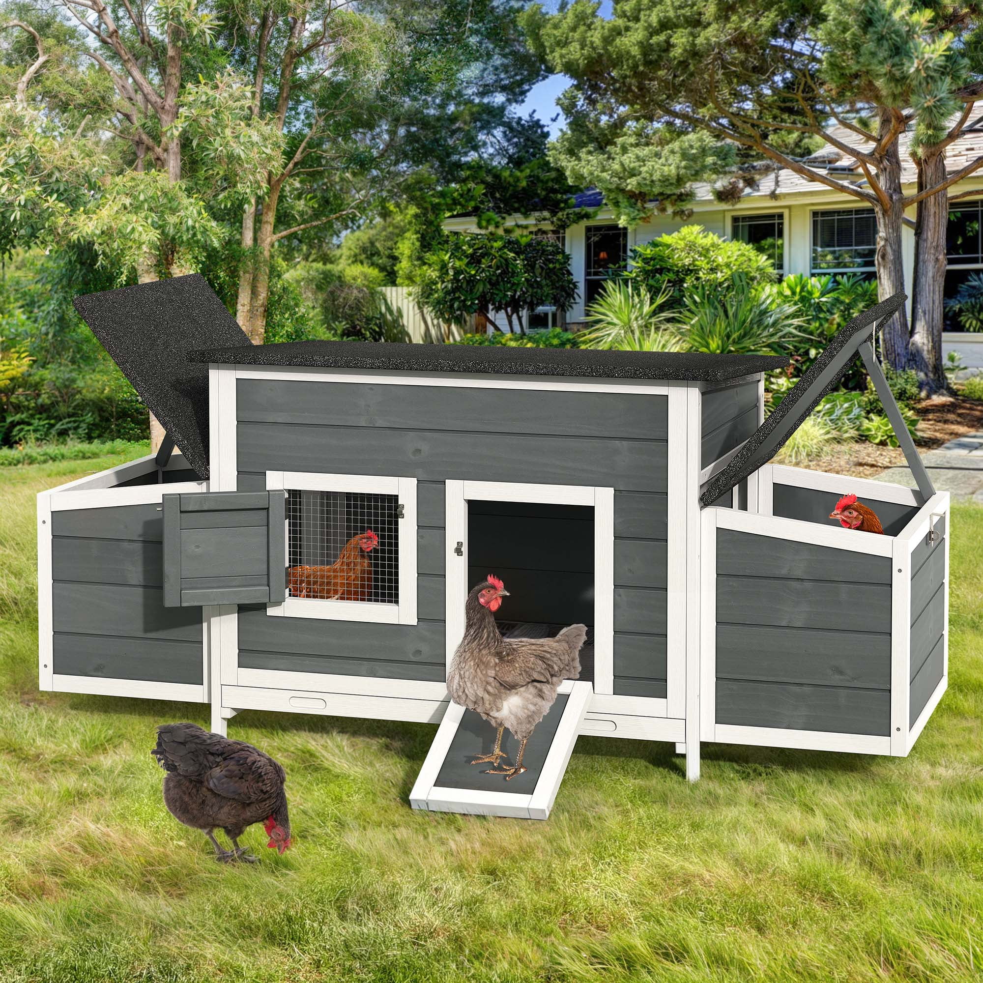Uforic Large Wood Chicken Coop Hen House 2-4 Chickens with 2 Nesting Box, Outdoor Chicken Hutch Rabbit Hutch Duck Cage - Gray