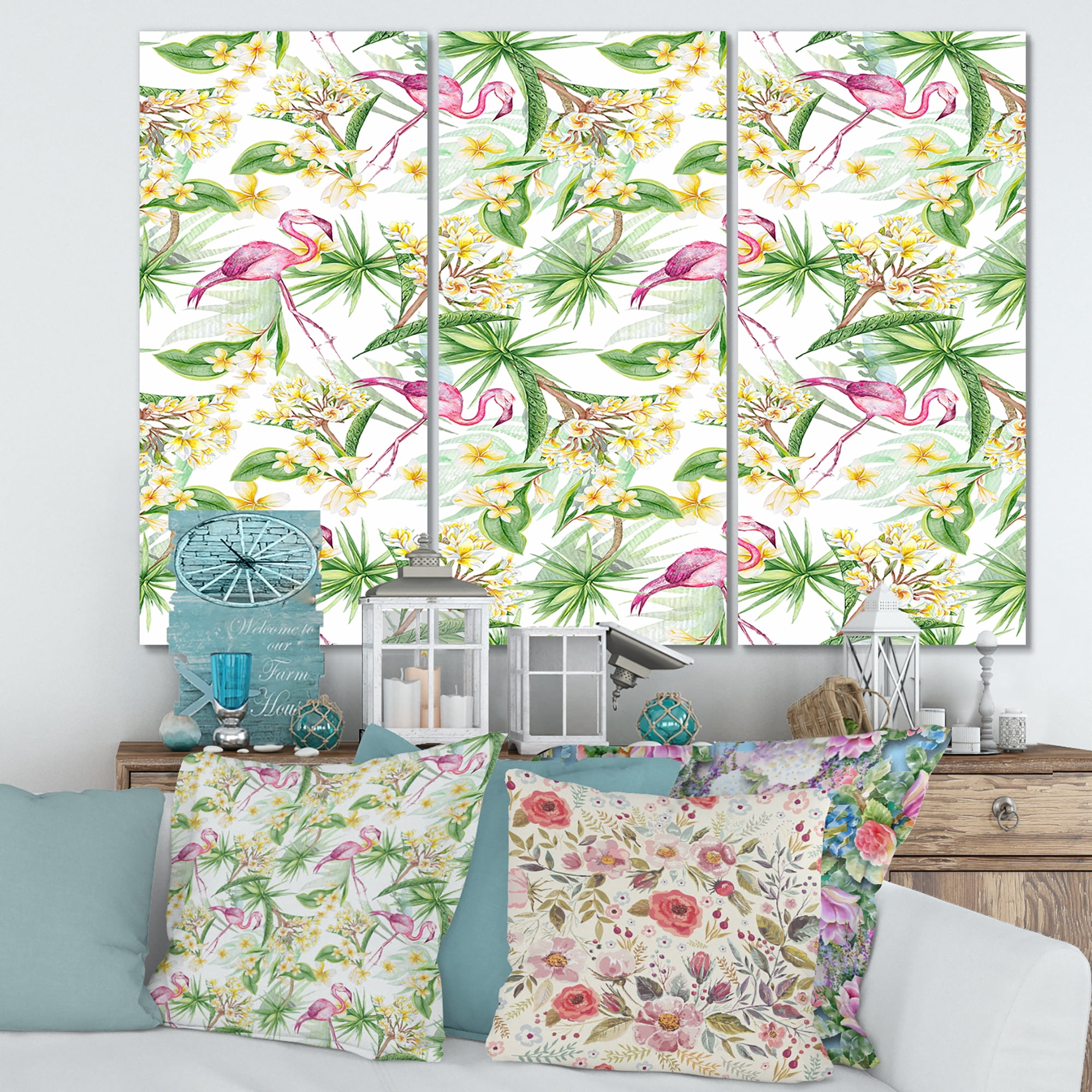 Designart ' Yellow Flowers, Tropical Foliage With Flamingo IV ' Modern Canvas Wall Art Print
