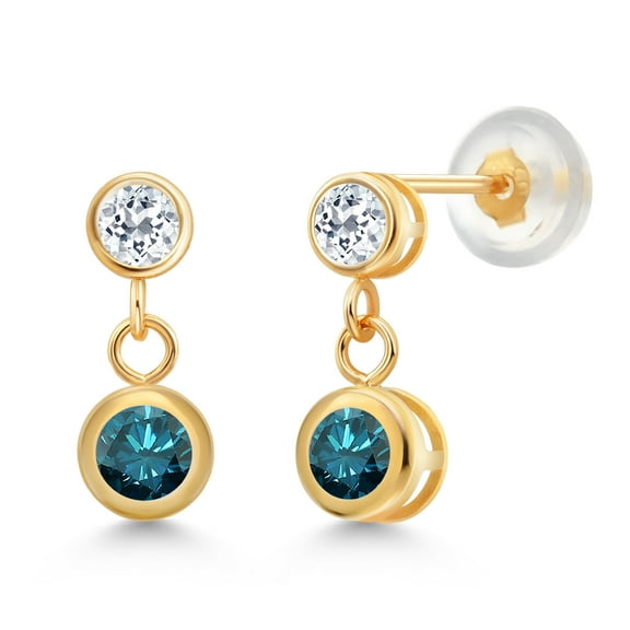 Gem Stone King 14k Yellow Gold Blue Diamond and White Topaz Two Stone Dangle Earrings for Women (0.82 Cttw, Gemstone April Birthstone, Round 4MM, Round 3MM)