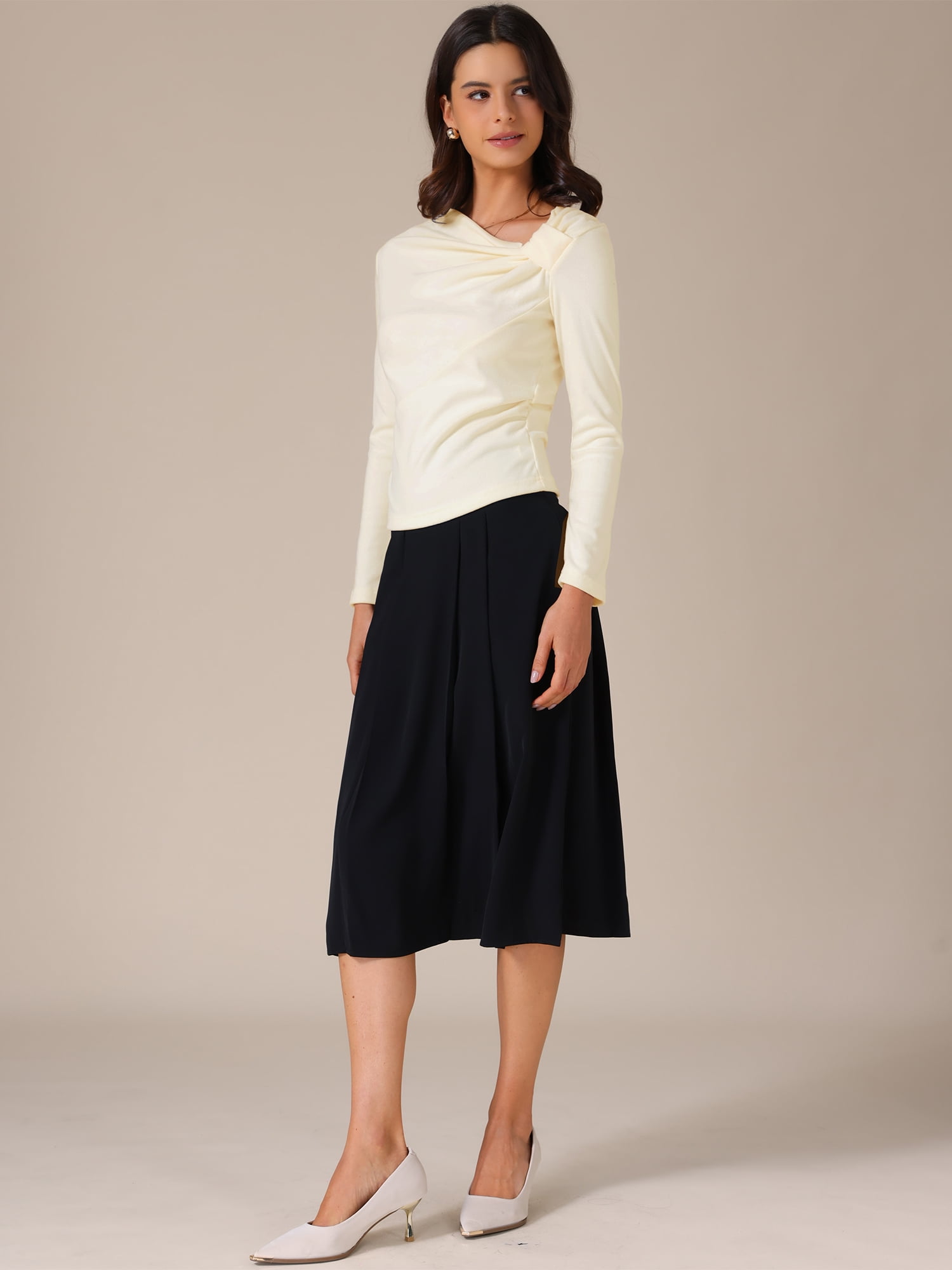 DARING DIVA Women's Asymmetrical Neck Twist Knot Ruched Long Sleeve Top M Beige