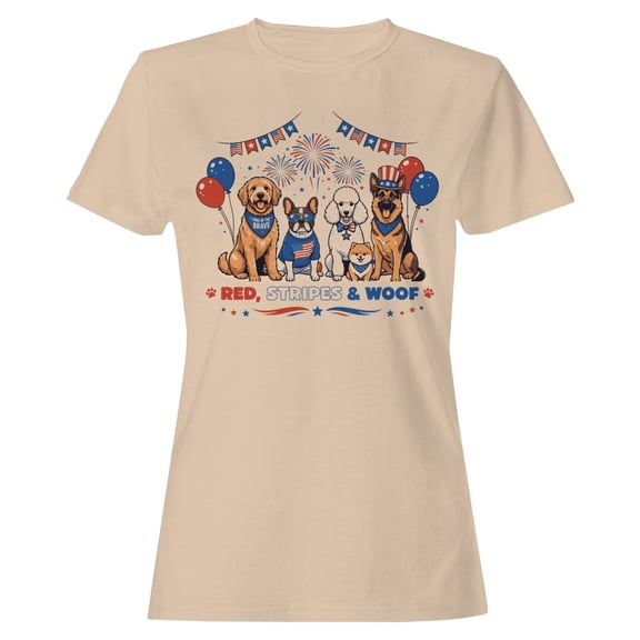 Smartprints Red Stripes Woof Patriotic Dogs Women's T-Shirt Natural, Cotton, S