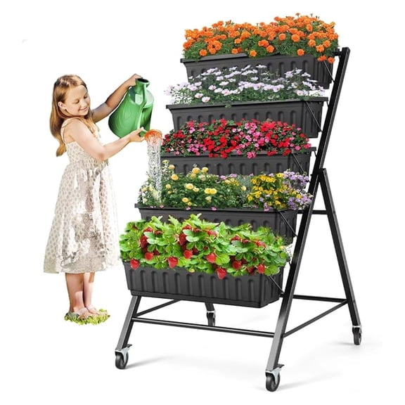 4FT Vertical Raised Garden Bed, 5-Tier Vertical Garden Planter with Drainage System, Larger Elevated Planter Box for Vegetables Flowers Indoor Outdoor Planters (Black with Lockable Wheels)