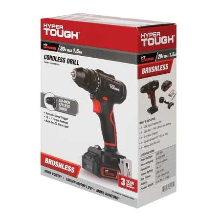 HYPER TOUGH 20V MAX BRUSHLESS CORDLESS DRILL DRIVER WITH 1.5AH LITHIUM-ION BATTERY AND CHARGER