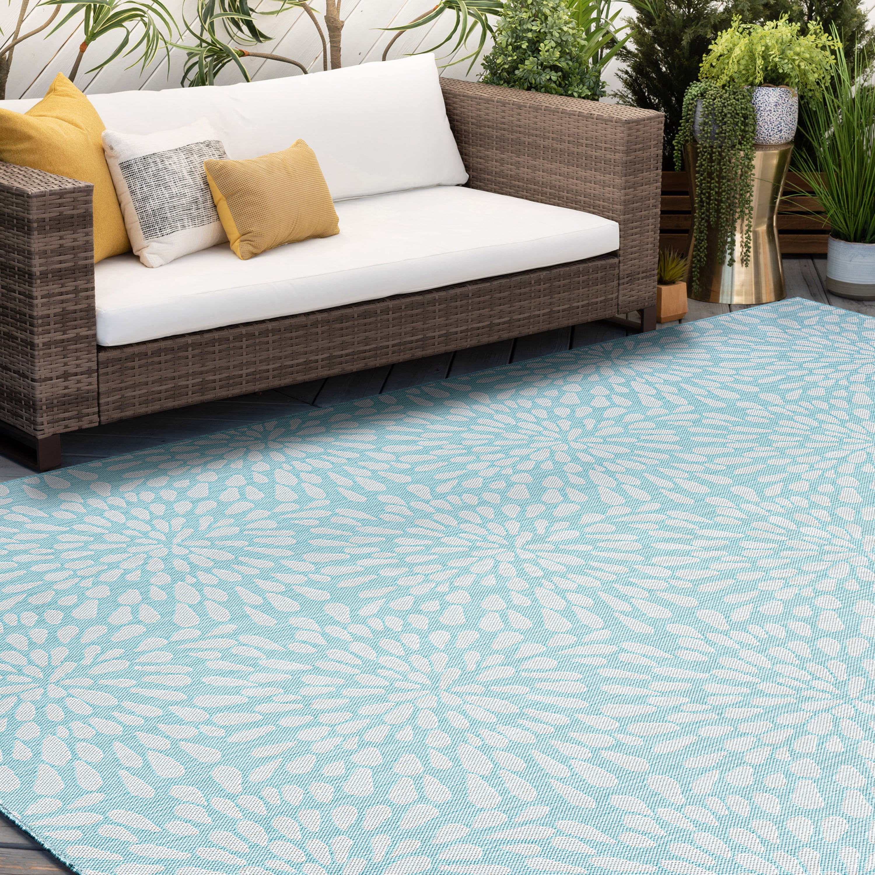 5x8 Water Resistant, Indoor Outdoor Rugs for Patios, Front Door Entry, Entryway, Deck, Porch, Balcony | Outside Area Rug for Patio | Aqua, Floral | Size: 5'3'' x 7'3''