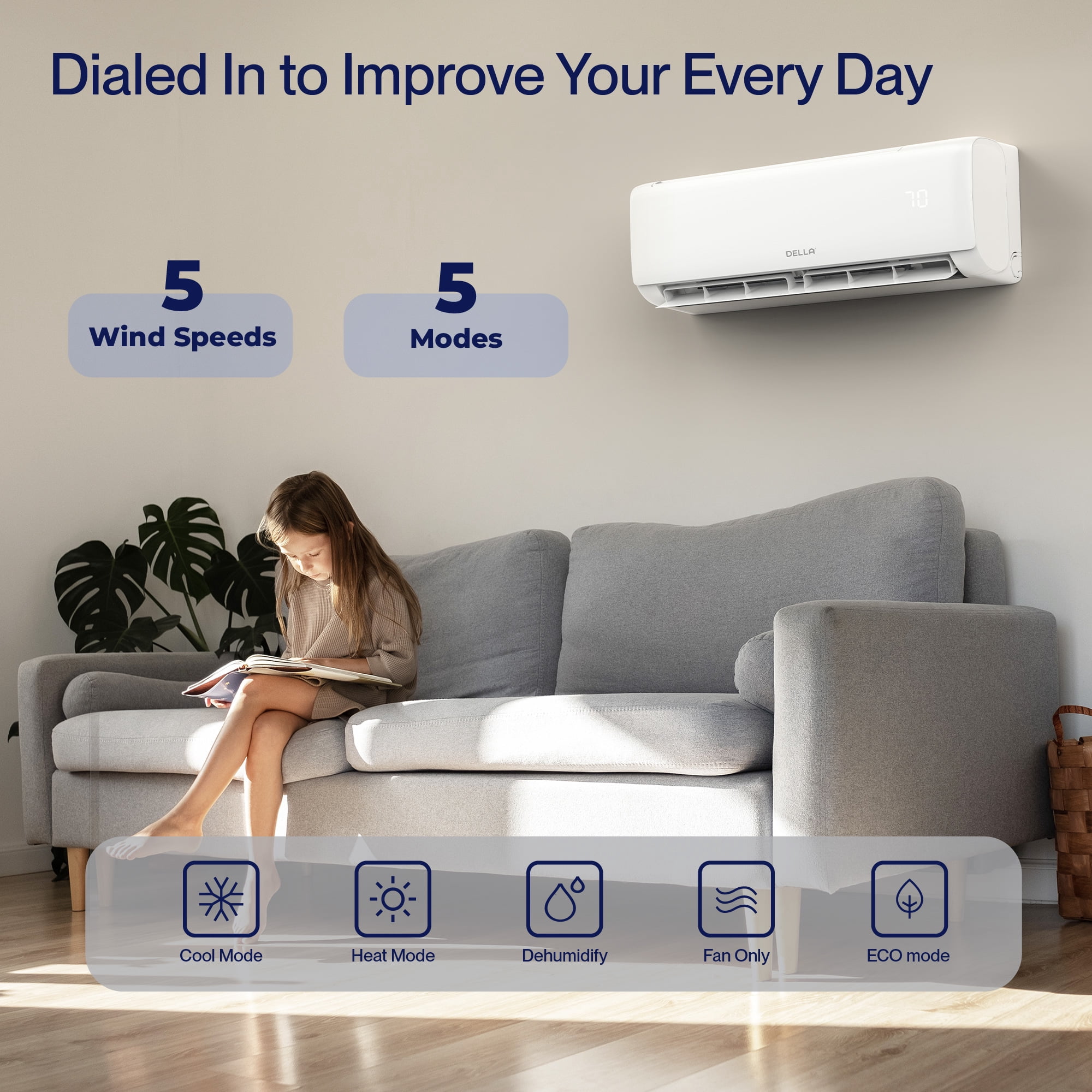 DELLA 12000 BTU Wifi Enabled 21 SEER Cools Up to 550 Sq.Ft 208-230V Energy Efficient Mini Split Air Conditioner & Heater Ductless Inverter System, with 1 Ton Heat Pump (QC Series)
