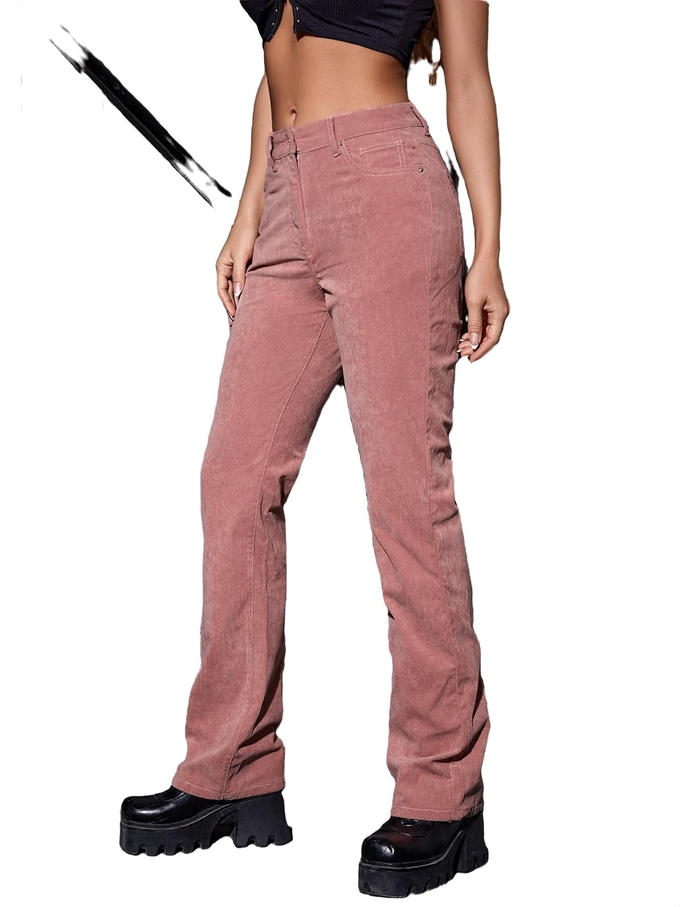 Women's Pants Solid High Waist Flare Leg Corduroy Pants Dusty Pink L