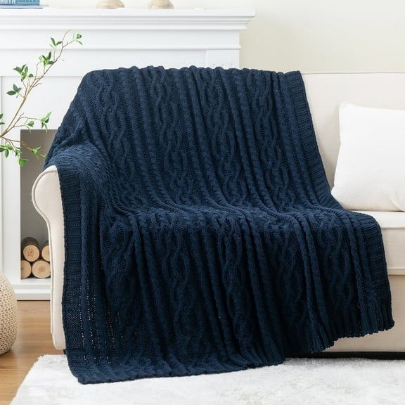 Battilo Navy Blue Throw Blanket,Cozy Woven Chenille Cable Knit Throw,Blue Blanket for Couch,51"x67"