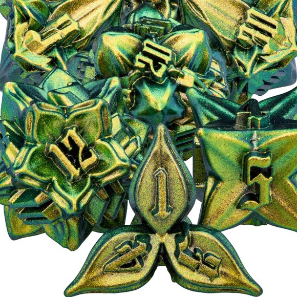 ERDS-DND Metal Dice Set Leaf D and D Dice with Gift Box, Yellow Green Dungeons and Dragons Polyhedral Dice RPG Role Playing Game D&D Dice Set D20 D12 D10 D8 D6 D4