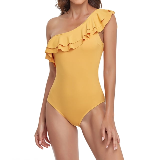Traje de baño Mujer Color sólido Un hombro Volantes Bikini Traje de baño conservador Fridja nalpqowj62851