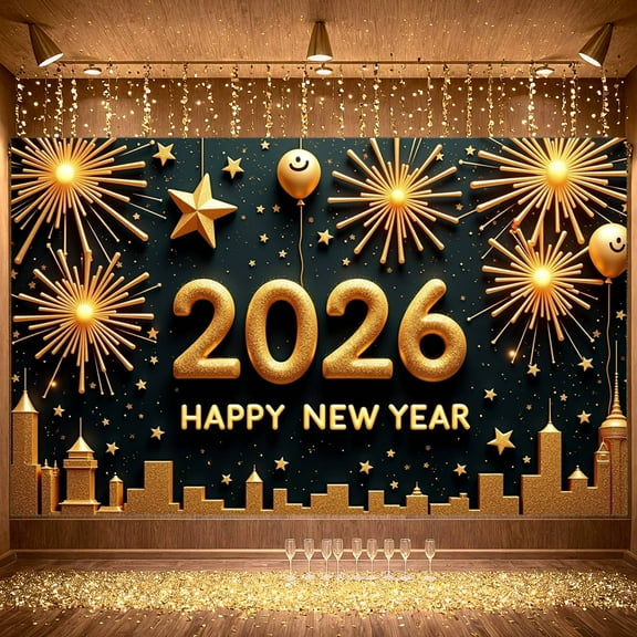 Gold Theme 2026 Banner Fireworks Design Happy New Year Banner Star Pattern Balloon New Year Banner for New Year Party New Year Eve Celebration Holiday Decoration
