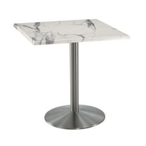 Indoor/Outdoor 36" Tall OD214 Stainless Steel Table Base with 22" Diameter Foot and 30" x 30" Square Indoor/Outdoor White Marble Top by the Holland Bar Stool Co.