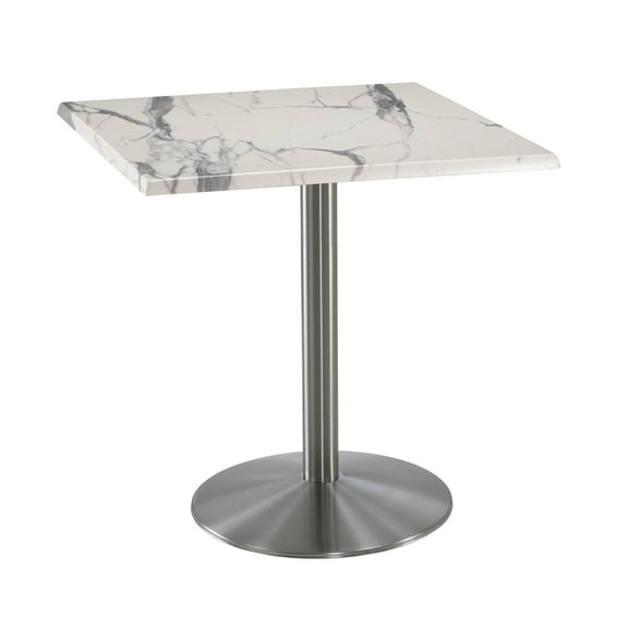 Indoor/Outdoor 36" Tall OD214 Stainless Steel Table Base with 22" Diameter Foot and 30" x 30" Square Indoor/Outdoor White Marble Top by the Holland Bar Stool Co.