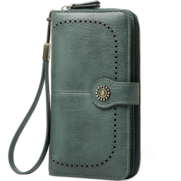 Cartera RFID TFKGS de piel suave para mujer, plegable, verde con teléfono