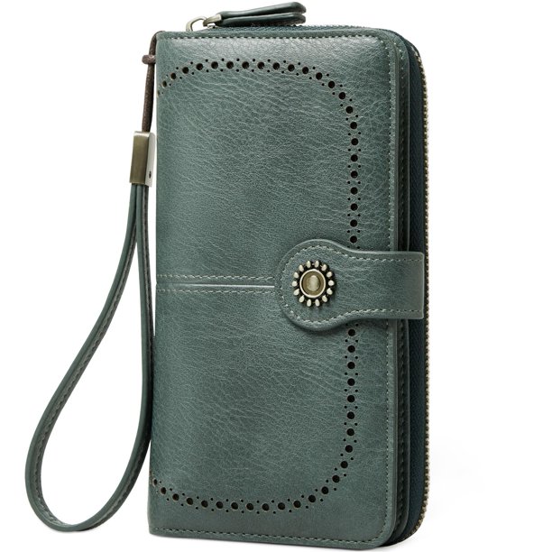 Cartera RFID TFKGS de piel suave para mujer, plegable, verde con teléfono