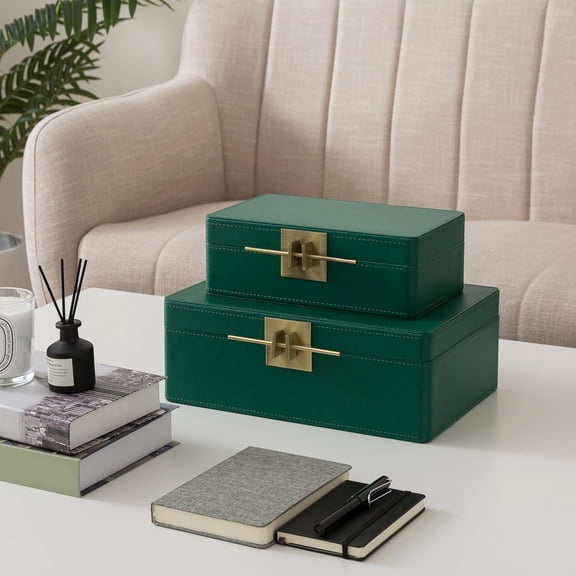 Faux Leather Decorative Boxes with Lids for Home Decor, Set of 2 Stacking Hinged Boxes for Coffee Table and Living Room Shelves, Remote Control Holder, Emerald Green