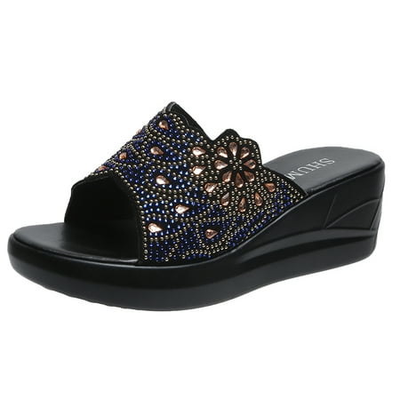 

Women‘s Rhinestone Wedge Slippers Fashion Open Toe Non-slip Platform Slides Shoes Outdoor Versatile Sandals