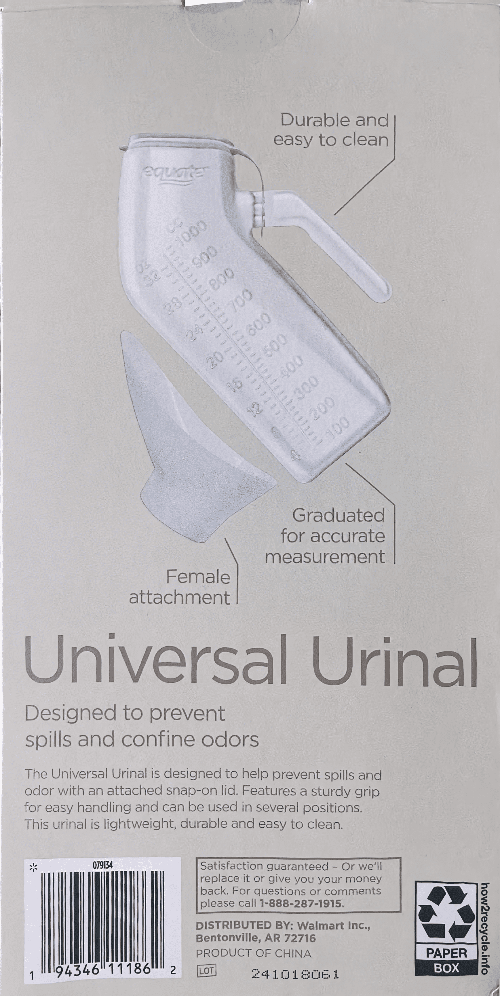 Equate Universal Urinal 32 Fl Oz (1 Qt) 900 ml with Female Attachment