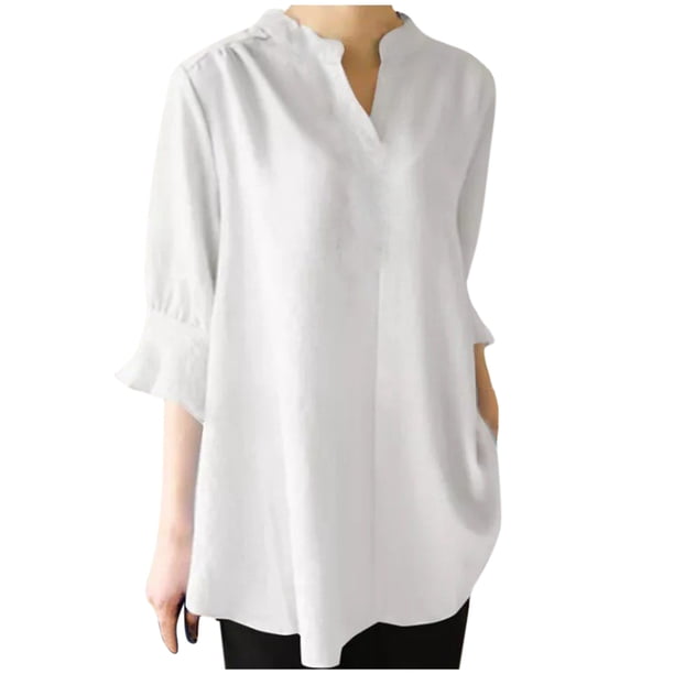 Tops Para Mujer Camisas Blusas Estilo Bohemio Informal Media Manga Camisa de Lino de Algodón Sólido Top Manga Corta Cuello Alto Odeerbi ODB146057