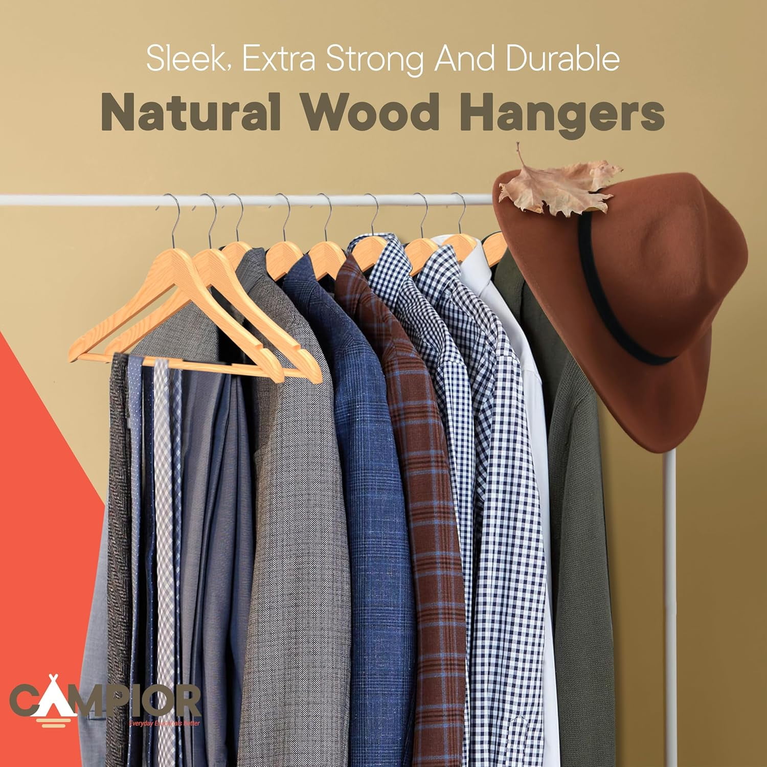 Natural Wooden Hangers 20 Pack – Heavy-Duty with 360° Swivel Hook, Non-Slip, Pants Bar & Shoulder Grooves - Wooden Hangers for Suits, Jackets, Dresses & Camisoles, Space-Saving and Smooth Finish