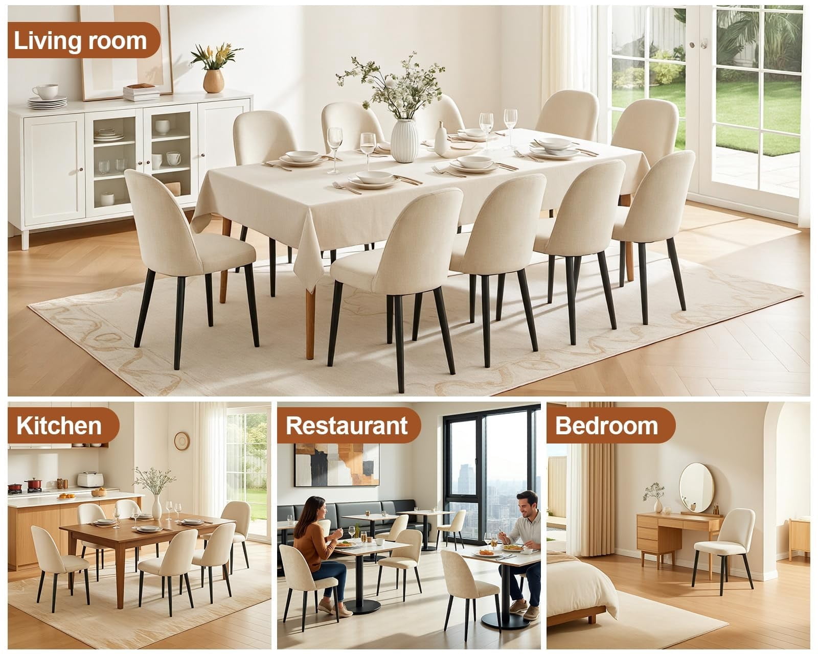 Fabric Dining Chairs Set of 4, Beige Upholstered Kitchen Chairs with Ergonomic Backrest and Metal Legs, Modern Armless Side Chairs for Dining Room, Restaurant, Living Room & Meeting Room