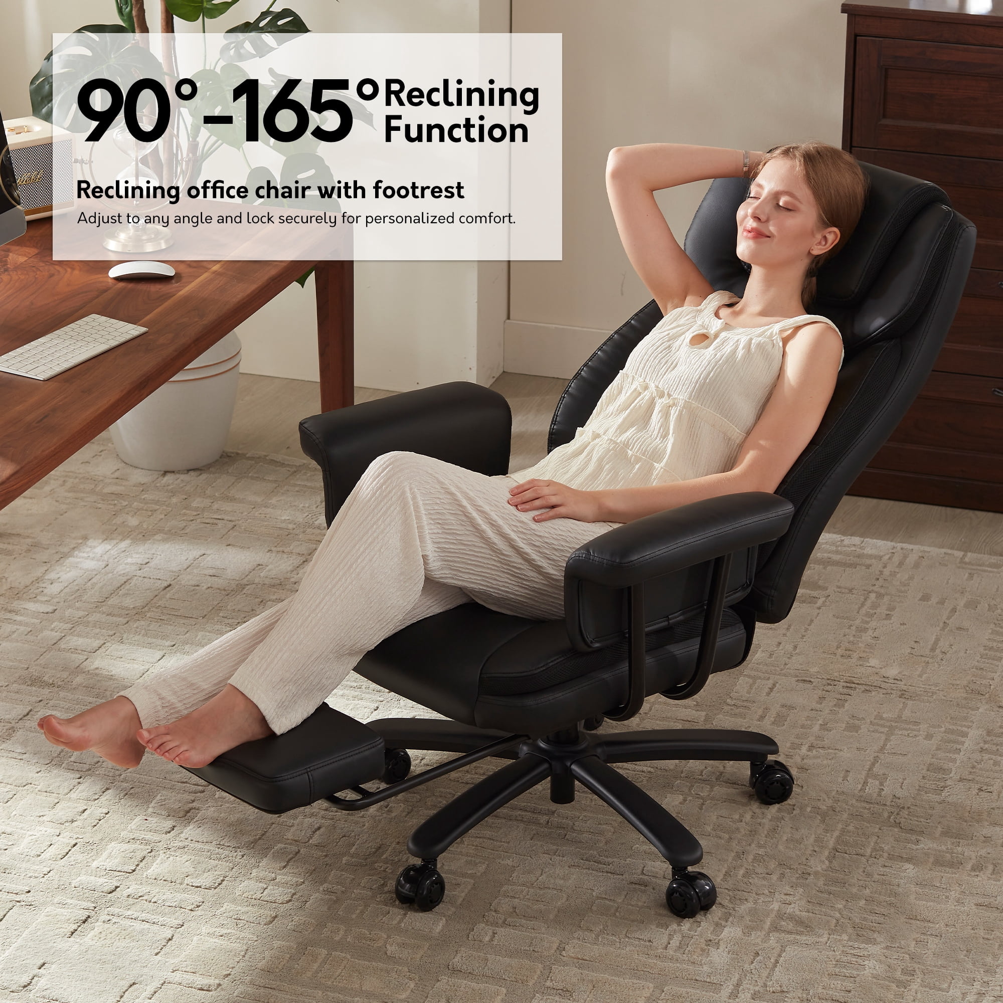 HomeZeer Big and Tall Executive Office Chair 400LBS, 160°Reclining with Retractable Footrest, PU Leather Desk Chair with Padded Arms, Adjustable Height with Quiet Roller Wheels, Black