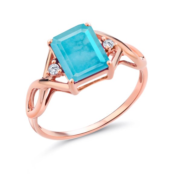 Gem Stone King 18K Rose Gold Plated Silver Ring Emerald Cut Green Turquoise and Moissanite (1.88 Cttw, Size 8)