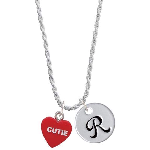 Delight Jewelry Acrylic Red "Too Cute / Cutie" Heart Silvertone Script Initial Disc - R - Charm Necklace, 20"+3"
