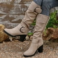 thumbnail image 5 of Xfvqtps Womens Boots Mid Calf Wide Calf Side Zipper Chunky Mid Heel Buckle Strap Almond Toe Casual Commute Heel Boots Beige, 5 of 9