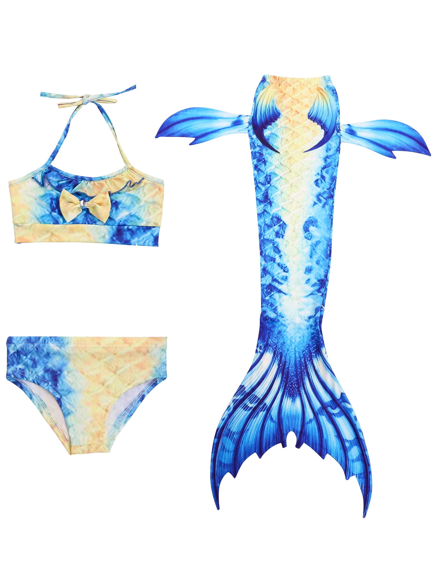 Cotrio 3Pcs Girls Swimsuit Mermaid Tails for Swimming Princess Costume Bikini Set Bathing Suit