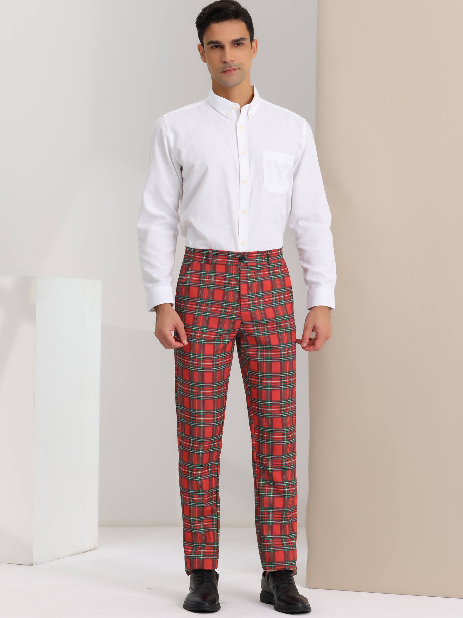 Unique Bargains Men's Plaid Business Pants Regular Fit Formal Prom Checked Trousers 36 Red Green
