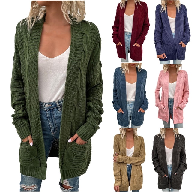 Chunky Knit Cardigans for Women Long Sleeve Open Front Sweaters Solid Color Above the Knee Cardigan Fall Knitwear