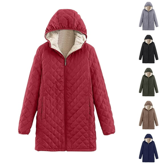 Jinhomg Plus Size Hooded Coat for Women Soft Cozy Fleece Lined Full-Zip Puffer Jacket Fall Winter Warm Long Length Outerwear with Pockets Clearance Items for Women Red XXXL