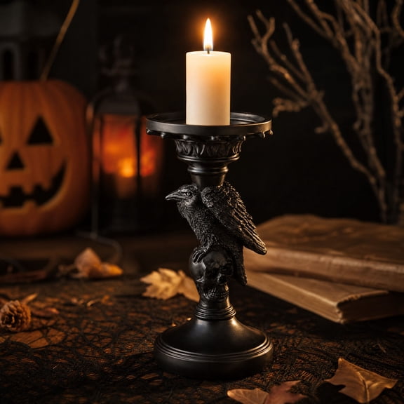 Gothic Skull Candlestick, Resin Halloween Candelabra with Matte Black Finish, Tabletop Decorative Ornament for Spooky Party Decor