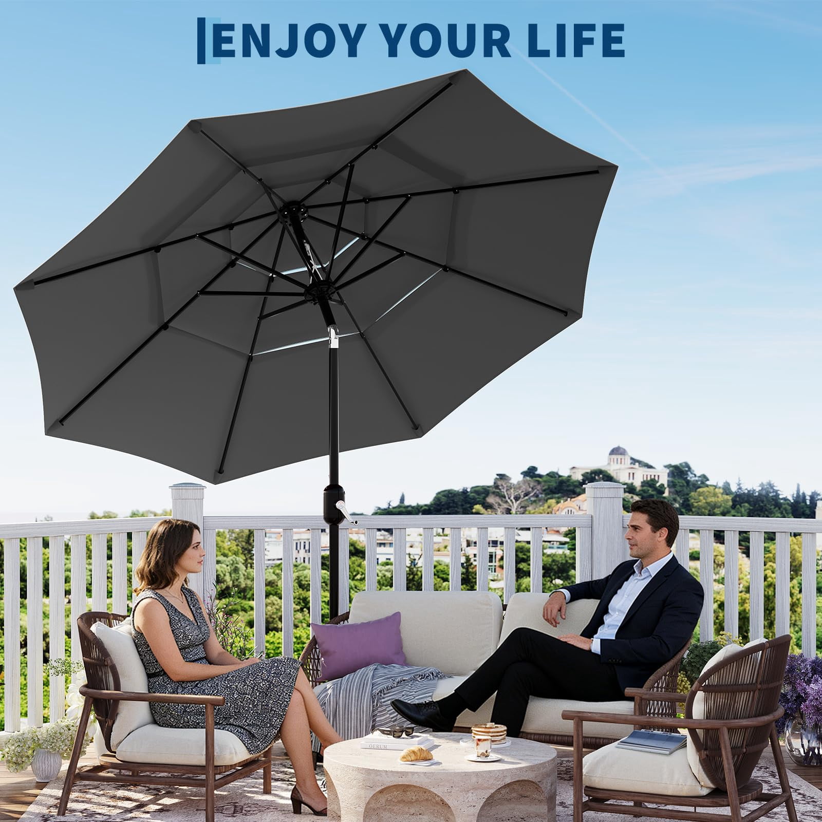 QinaQin Vented Patio Umbrella,8 Sturdy Ribs,Easy Crank & Tilt,Outdoor Market Table Parasol,Gray