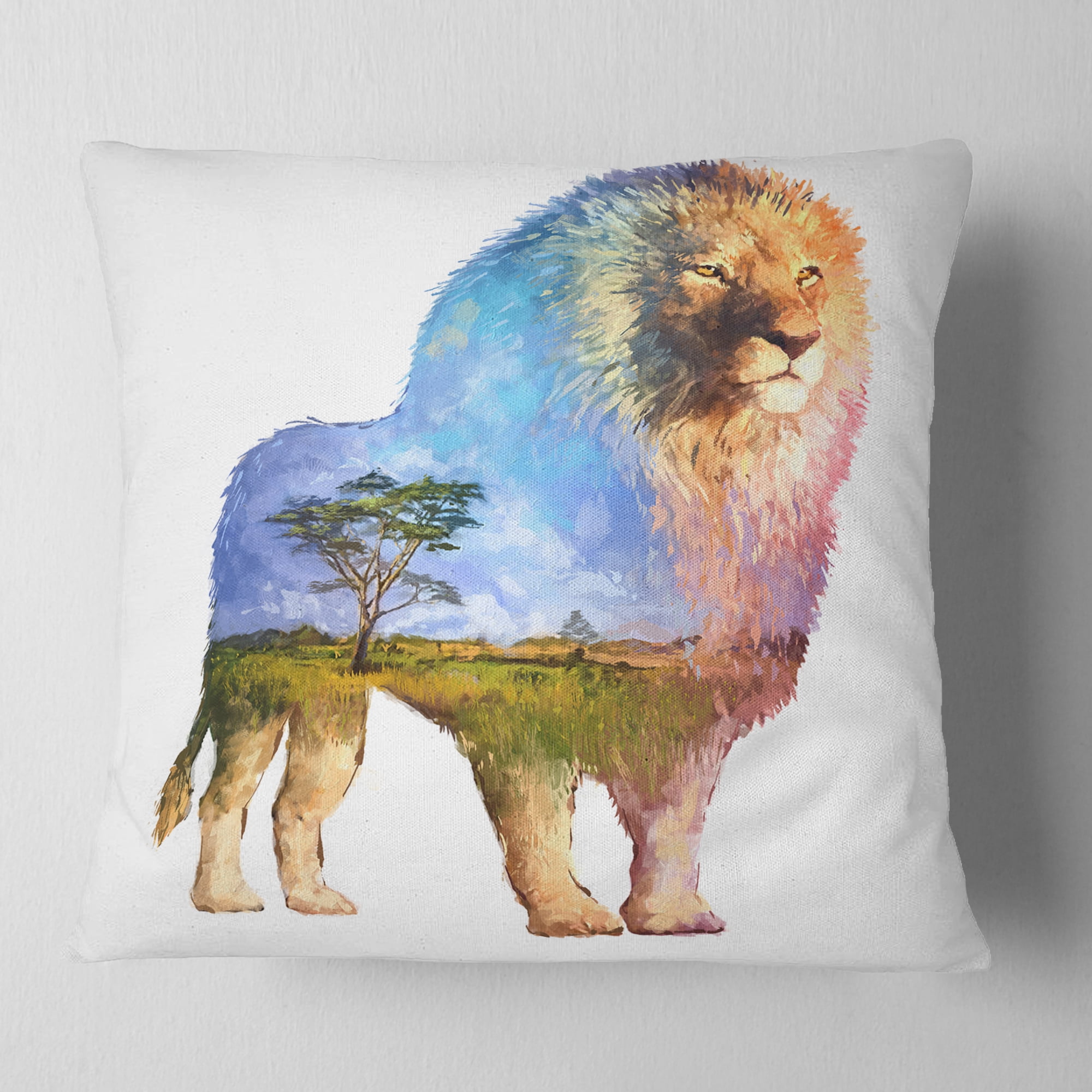 Designart Lion Double Exposure Illustration - Animal Throw Pillow - 16x16