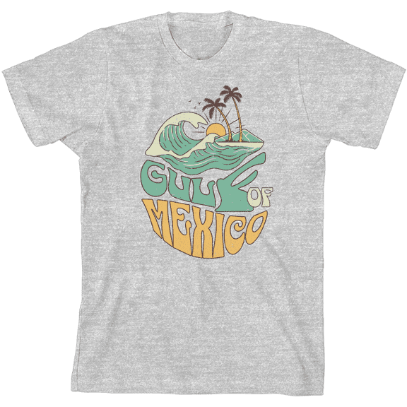 Gulf of Mexico Wave Text Youth Heather Gray Crew Neck Short Sleeve Tee-Medium