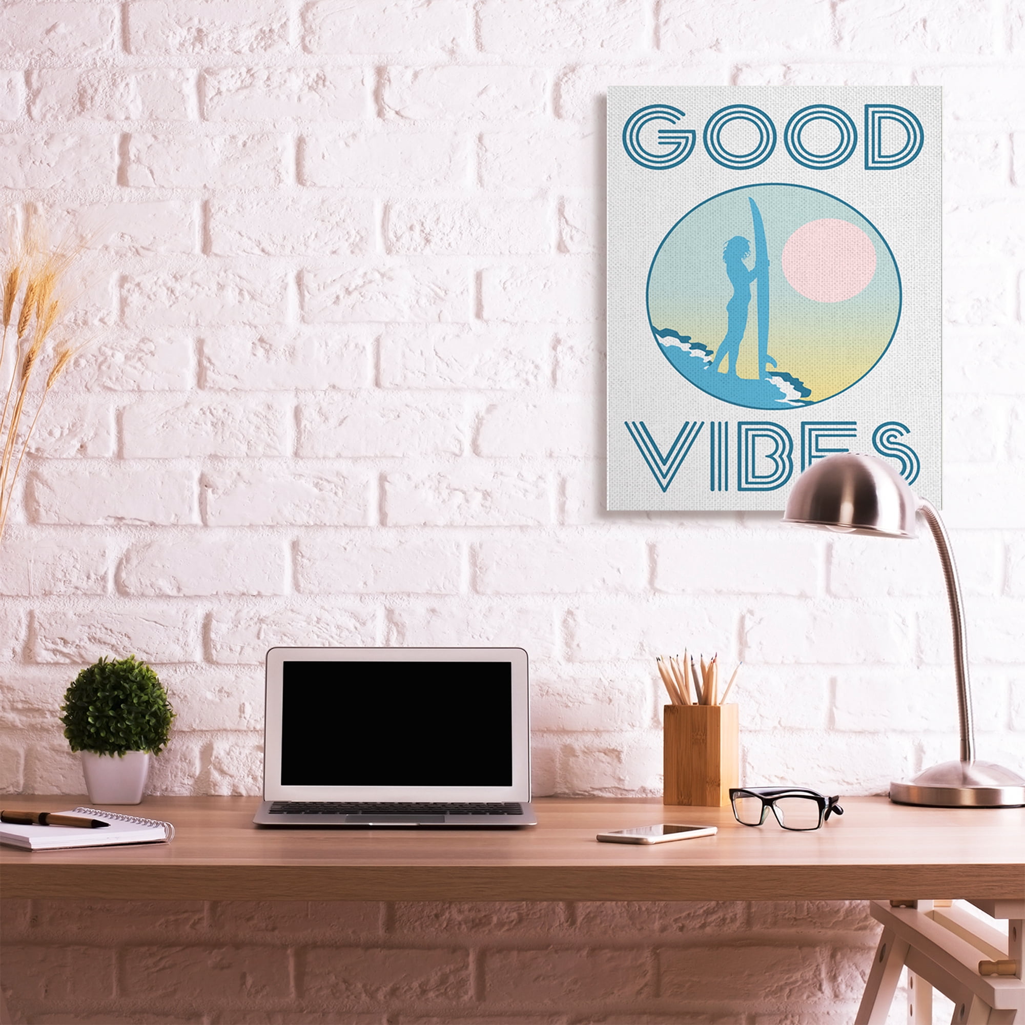 Stupell Industries Good Vibes Text Blue Surfer Chick Sunset Canvas Wall Art by Daphne Polselli