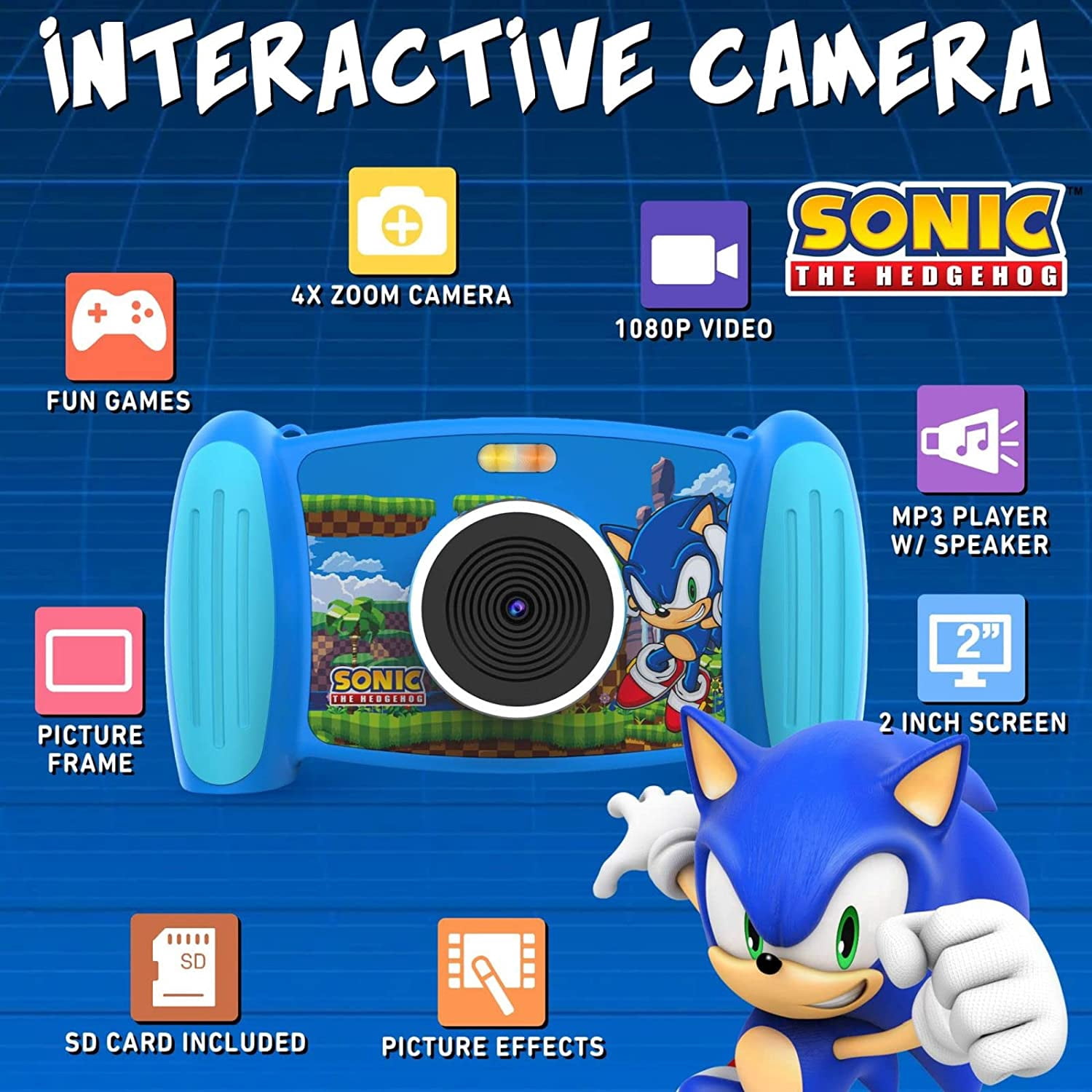 SEGA Sonic The Hedgehog Accutime Kids Interactive Digital Camera with MP3 Player and Built-In Speaker, 12 MP, 1080p Video and Games