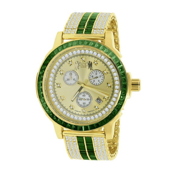 Emerald Green Solid Steel Baguette-Cut Solitaire Bezel Yellow Gold Tone Simulated Diamond Adjustable Band Mens Watch W/Date