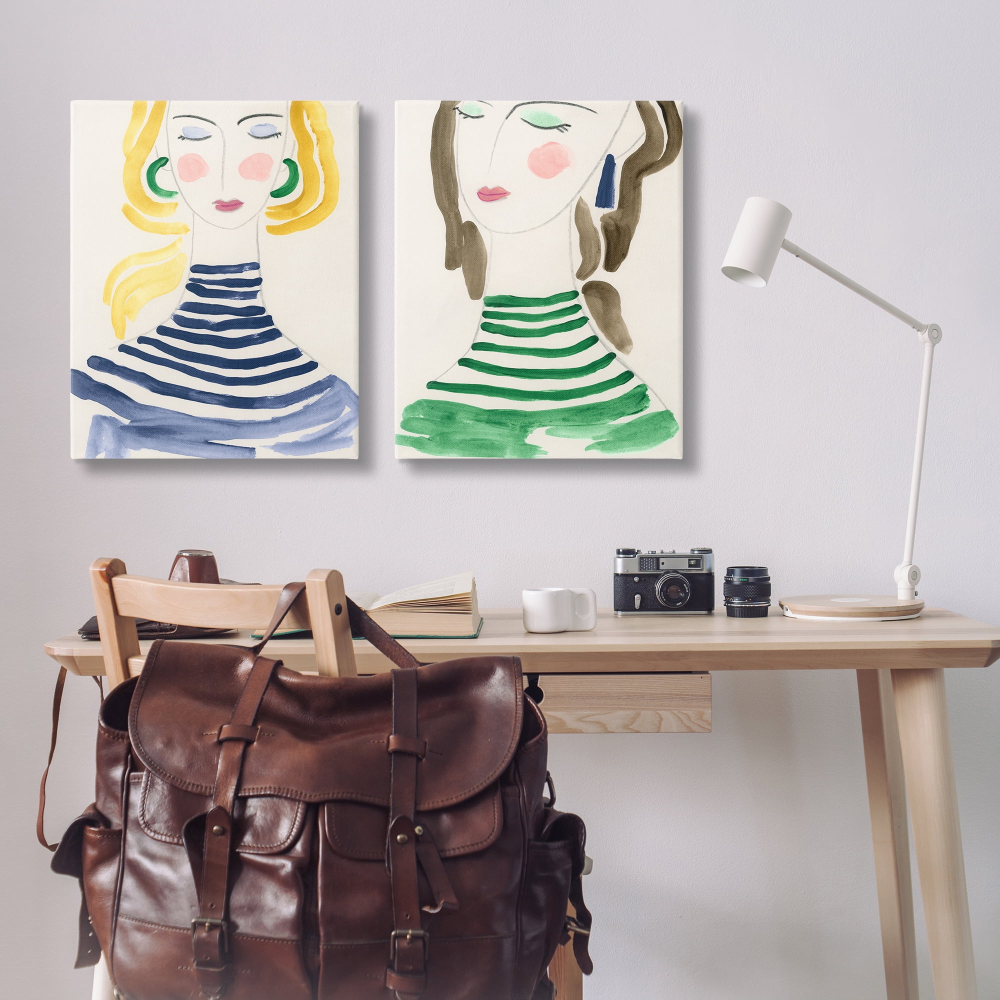 Stupell Industries Stylish Ladies in Stripes People Painting Wrapped Canvas Art Print Wall Art, 24 x 30, Set of 2