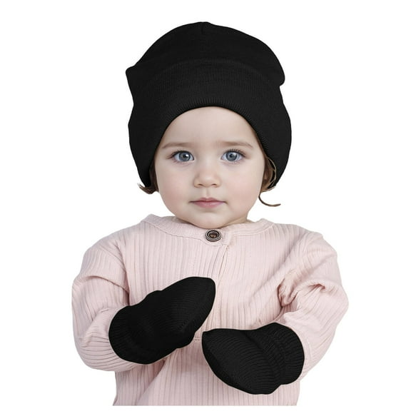 Povozer Kid Winter Hat Gloves Set Toddler Knit Beanie Hat with Pom Mittens Set(Black,2-8 Years)