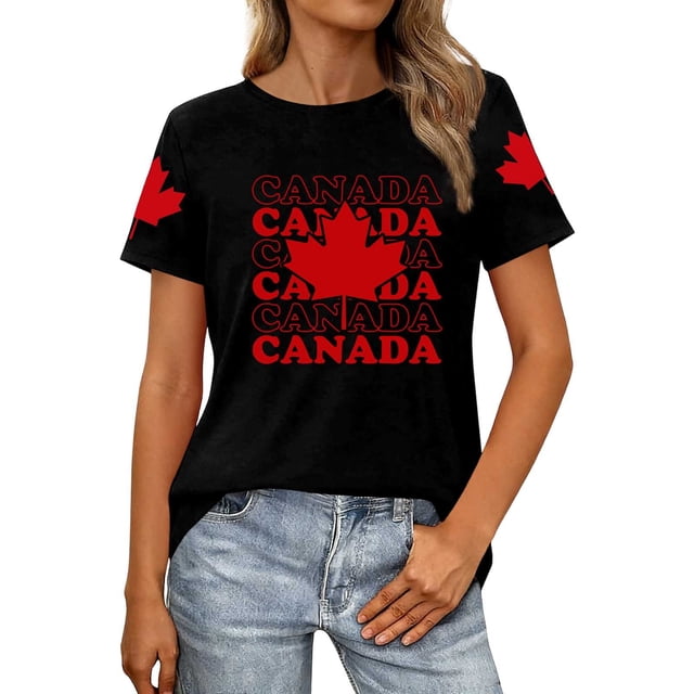 Fgnfyis T-Shirts Graphiques pour Femmes pour l'Été, Tenue Décontractée, Confortable, Manches Courtes, Col Rond, Tee avec Imprimé Patriotique de la Fête du Canada, T-Shirts pour Femmes, Noir, M