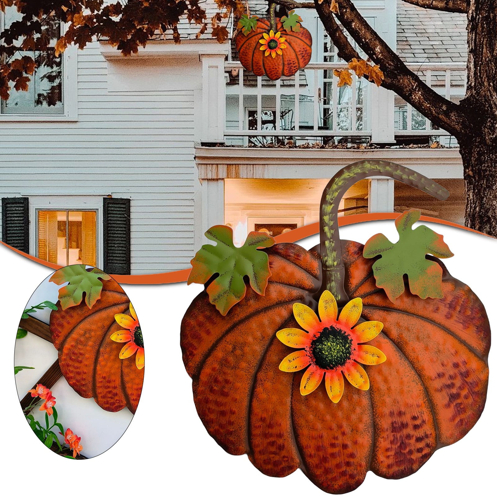 ZLBDYG Rustic Metal Pumpkin Hanging Decoration & Stake Garden Outdoor Decor - Fall Thanksgiving Yard Sign with Green Stem for Lawn Pathway Porch Autumn Festival Seasonal Decoration