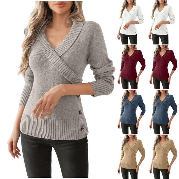 Miqool Sweater for Women Casual Fall Wrap V Neck Long Sleeve Comfortable Knit Fitted Tops Pullover Sweaters