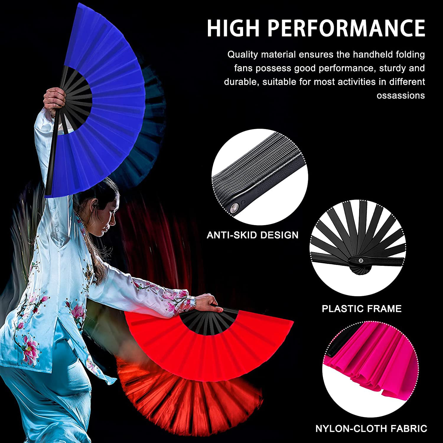 Chinese Nylon-Cloth Handheld Folding Hand Fan Drawing Dancing Performance Red 