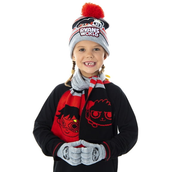 Ryan's World Kids Ryan and Combo Panda Gloves Scarf And Pom Beanie 3 Piece Set